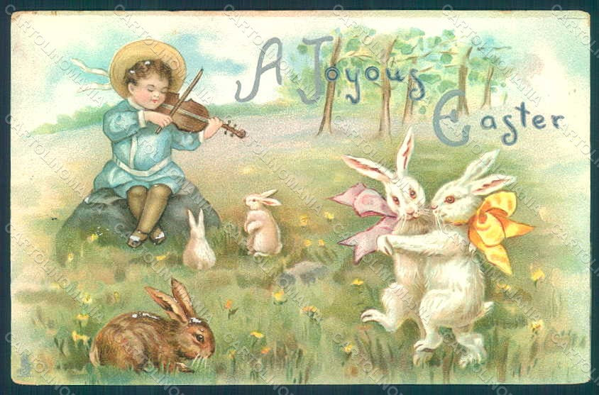 Artist Signed Boy Violin Rabbit Dance Easter Greetings Tuck 755 Relief pc HR0550 – fronte