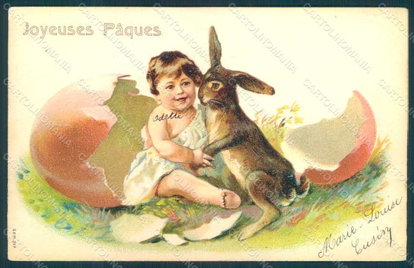 Artist Signed Boy Egg Hare Easter Greetings s.317 Relief postcard HR0551 – fronte