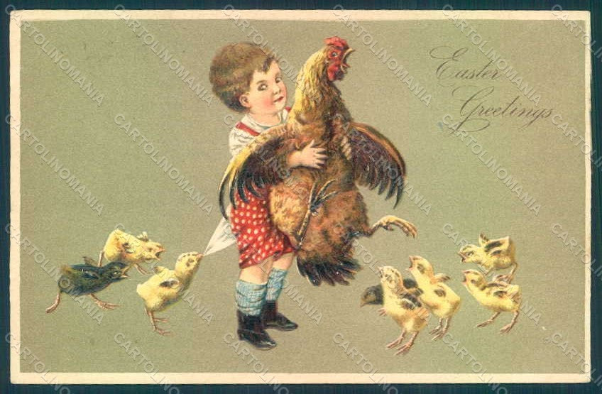 Artist Signed Child Boy Chick Hen Easter Greetings s. 741 Relief postcard HR0552 – fronte