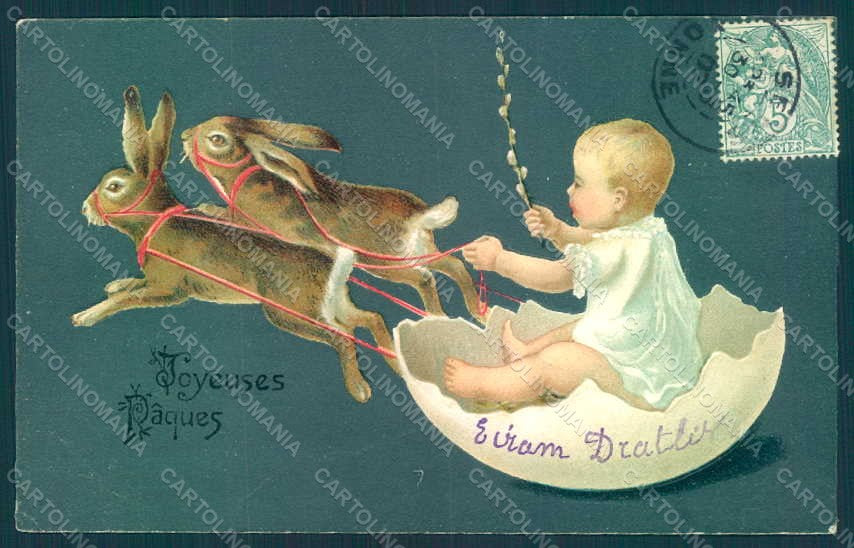 Artist Signed Boy Egg Hare Easter Greetings Relief postcard HR0557 – fronte