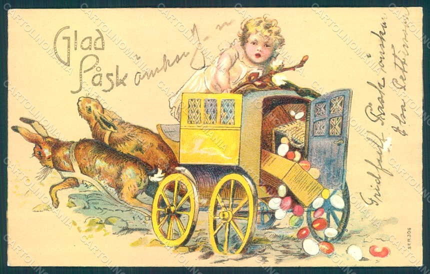Artist Signed Child Girl Egg Easter Greetings Hare s. 306 Relief postcard HR0558 – fronte
