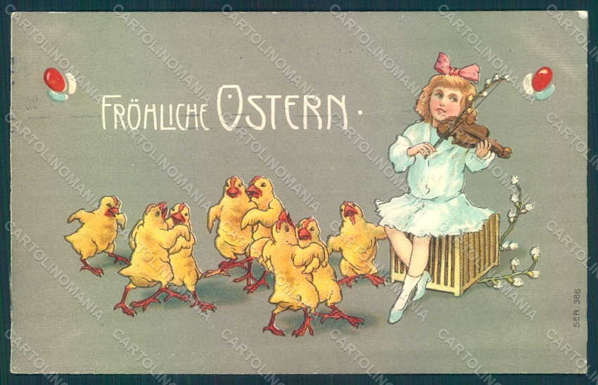 Artist Signed Child Girl Chick Dance Violin Easter s. 386 Relief pc HR0559 – fronte