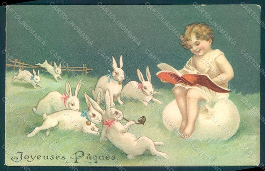Artist Signed Child Boy Rabbit Egg Easter Greetings Relief TEARED pc HR0560 – fronte