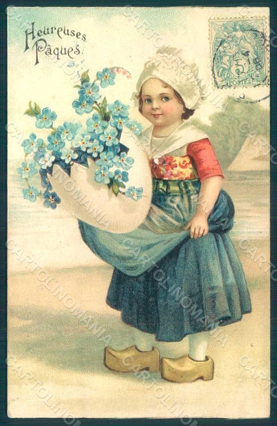 Artist Signed Clapsaddle ? Dutch Girl Egg Myosotis Easter Relief postcard HR0562 – fronte