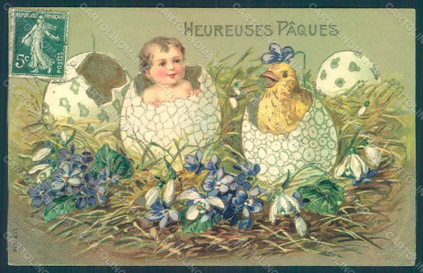 Artist Signed Child Egg Chick Violets Easter Greetings s. 326 Relief pc HR0566 – fronte