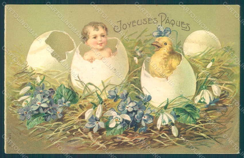 Artist Signed Child Egg Chick Violets Easter Greetings s. 326 Relief pc HR0567 – fronte