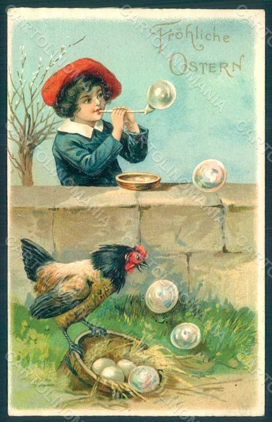 Artist Signed Child Boy Hen Bubble Blower Easter Greetings Relief pc HR0569 – fronte