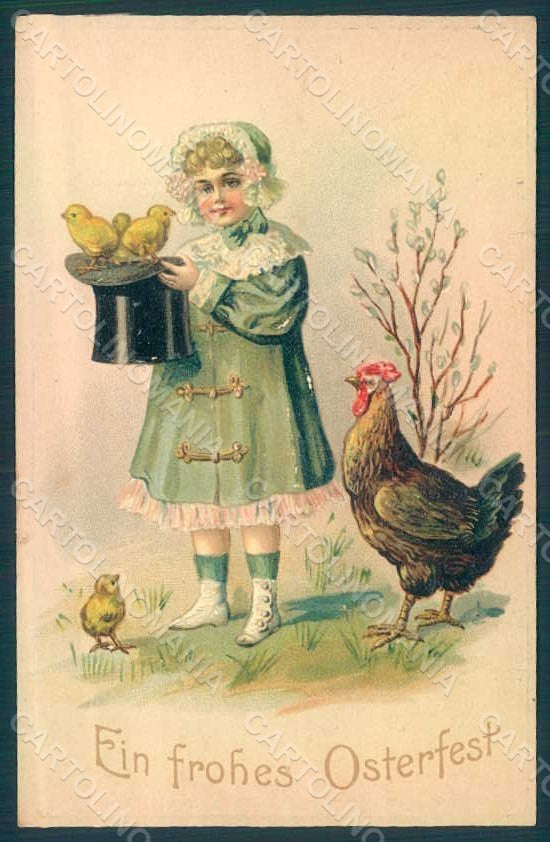 Artist Signed Child Girl Chick Hen Easter Greetings Relief TEARED pc HR0571 – fronte