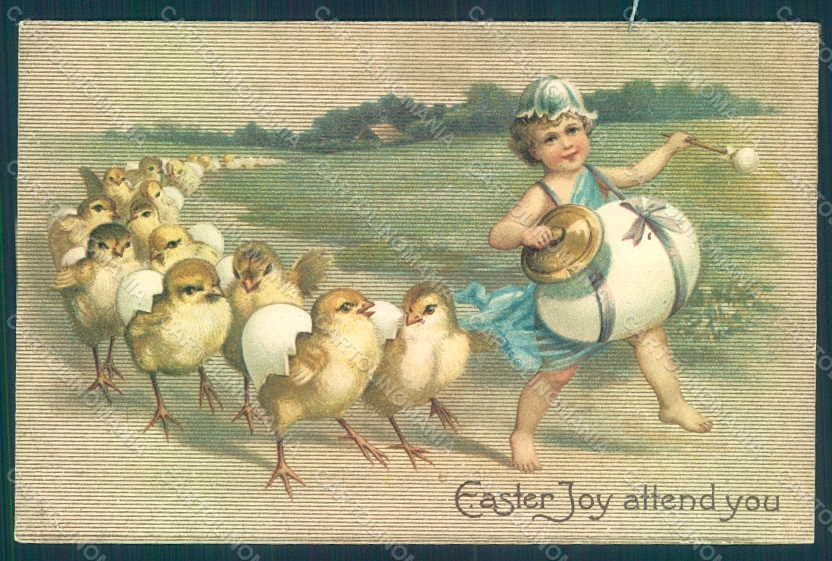 Artist Signed Child Boy Chick Egg Easter Greetings Relief postcard HR0573 – fronte