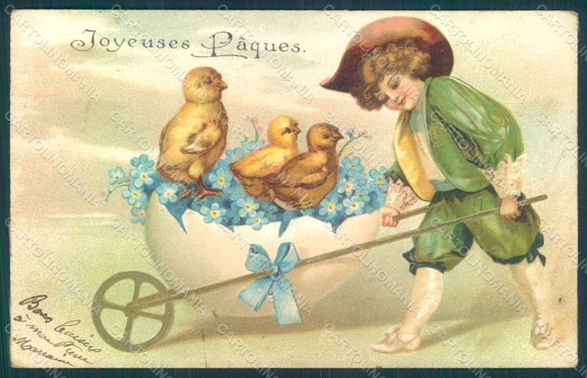 Greetings Child Boy Chick Egg Myosotis Easter Relief postcard HR0579 – fronte
