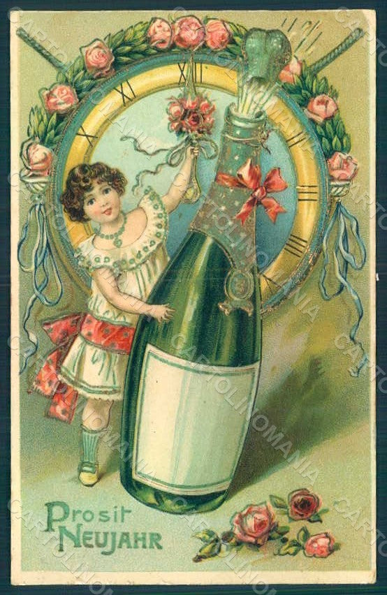 Greetings New Year Girl Tosting serie 1125 Relief postcard HR0580 – fronte