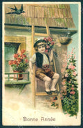 Greetings New Year Child Boy Nest Swallow serie 824 Relief postcard HR0582 – fronte