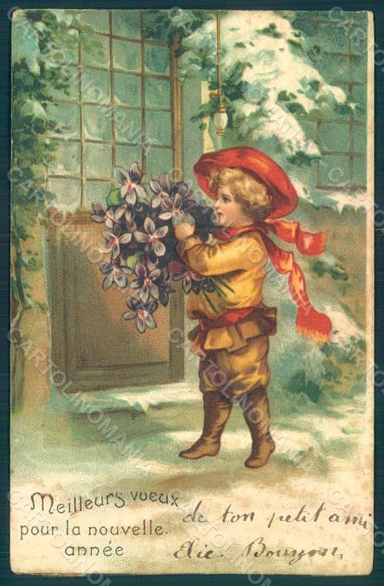 Greetings New Year Child Boy Violets Relief postcard HR0583 – fronte