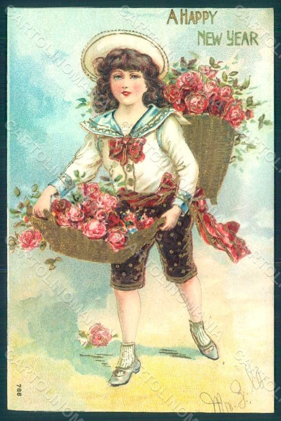 Greetings New Year Child Girl Flowers Roses s.786 Relief TRIMMED postcard HR0584 – fronte