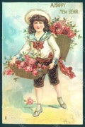 Greetings New Year Child Girl Flowers Roses s.786 Relief TRIMMED postcard HR0584 – fronte
