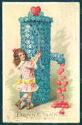 Greetings New Year Child Girl Myosotis Fountain s. 7903 Relief ABRADED pc HR0585 – fronte