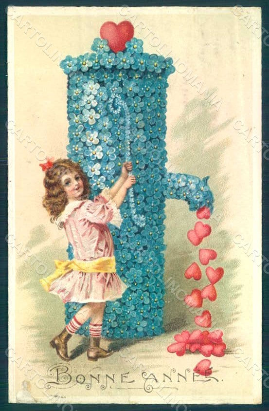 Greetings New Year Child Girl Myosotis Fountain s. 7903 Relief ABRADED pc HR0585 – fronte
