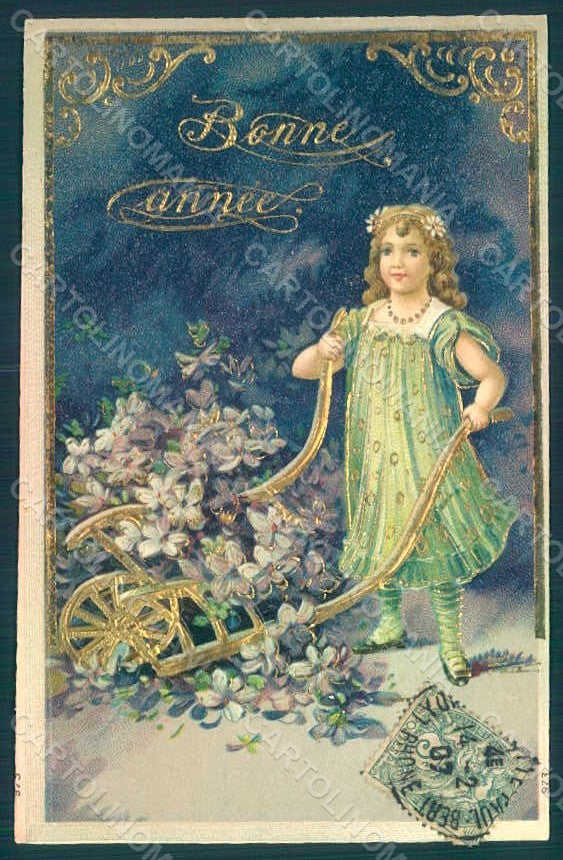 Greetings New Year Child Girl Violets serie 973 Relief postcard HR0586 – fronte