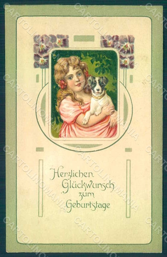 Greetings Girl Fox Terrier Dog Violets Art Nouveau s. 6142 Relief pc HR0594 – fronte