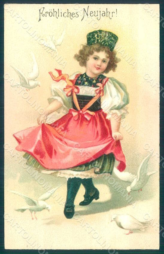 Artist Signed Clapsaddle ? Girl Dove New Year Relief postcard HR0595 – fronte