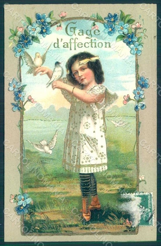 Greetings Girl Dove Flowers Myosotis Relief postcard HR0596 – fronte