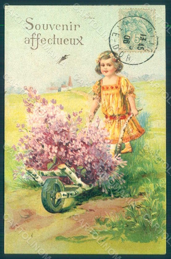Greetings Girl Flowers Relief postcard HR0601 – fronte
