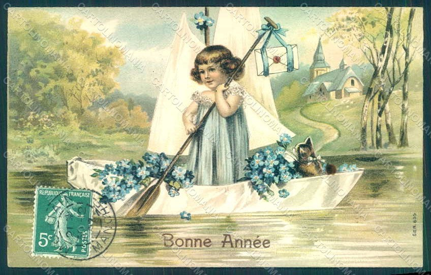 Greetings Child Girl Cat Boat Flowers Myosotis Mail serie 655 Relief pc HR0606 – fronte