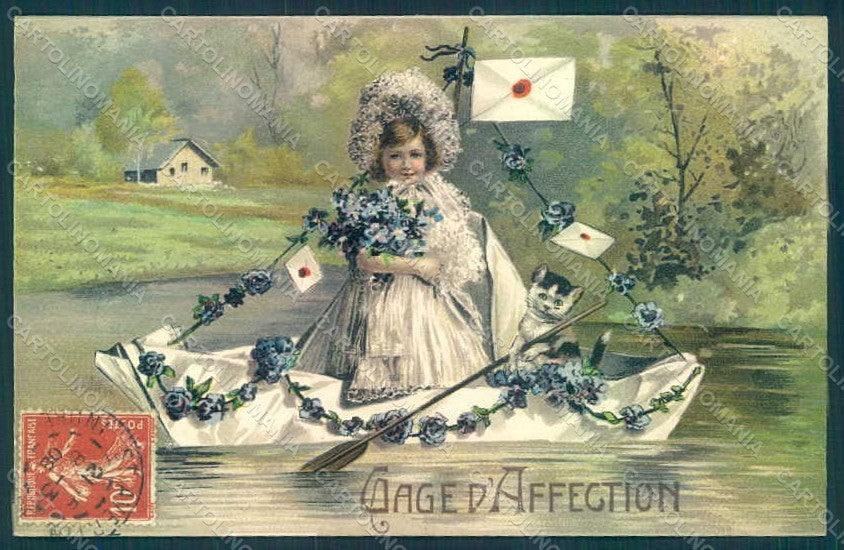 Greetings Child Girl Cat Boat Flowers serie 657 Relief pc HR0607 – fronte