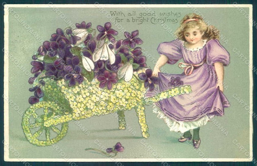 Greetings Child Girl Violets Flowers Christmas serie 7074 Relief postcard HR0608 – fronte