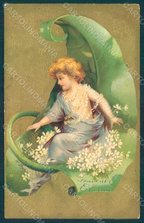 Greetings Child Angel Putto Leaf Kopal serie 348 Relief postcard HR0609 – fronte