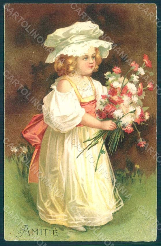 Greetings Child Girl Flowers Relief postcard HR0611 – fronte