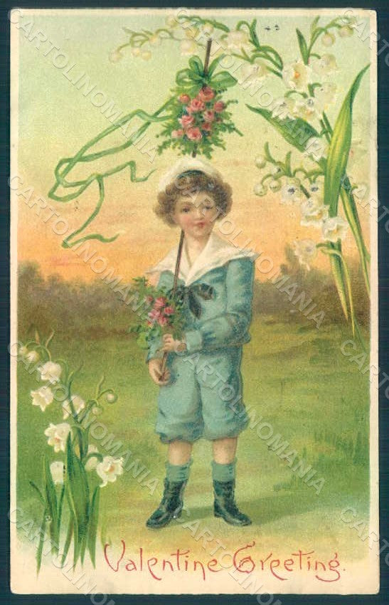 Greetings Valentine Child Boy Lily of the Valley Relief CORNER CREASED pc HR0615 – fronte