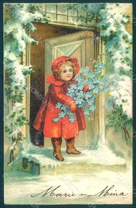 Greetings Christmas Girl Myosotis Relief postcard HR0616 – fronte