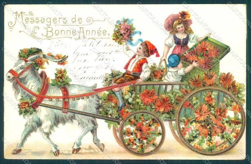 Greetings New Year Children Goat Gig Carriage Relief postcard HR0617 – fronte