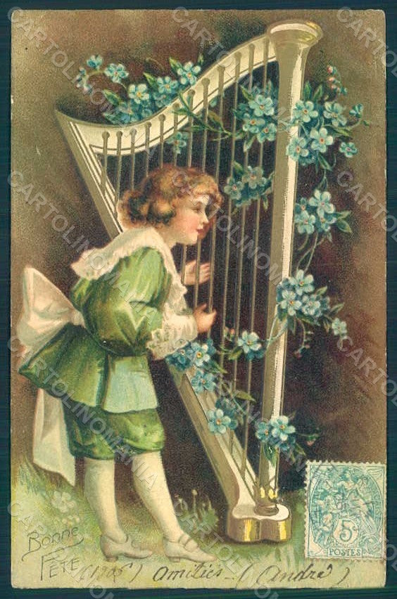 Greetings Child Boy Harp Myosotis Relief postcard HR0620 – fronte