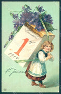 Greetings New Year Child Girl Violets EAS Relief postcard HR0621 – fronte