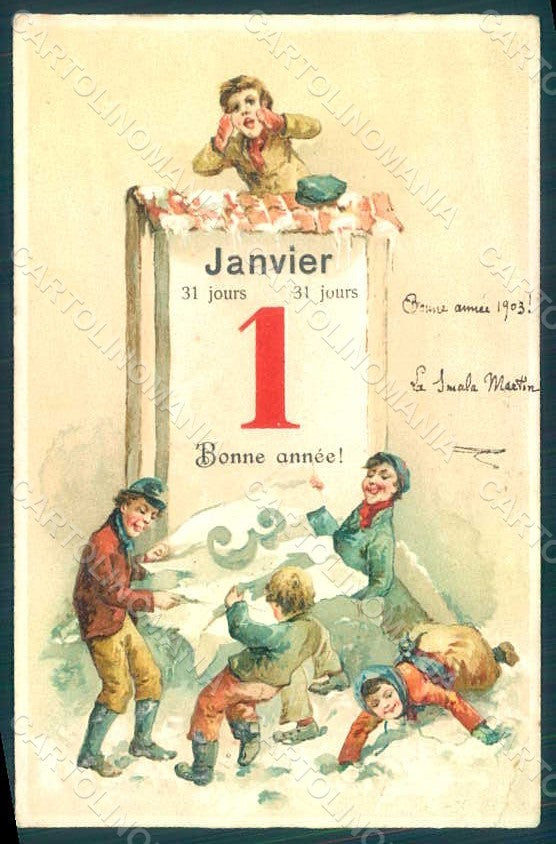 Greetings New Year Children Boy Girl Snow serie 3943 Relief postcard HR0623 – fronte