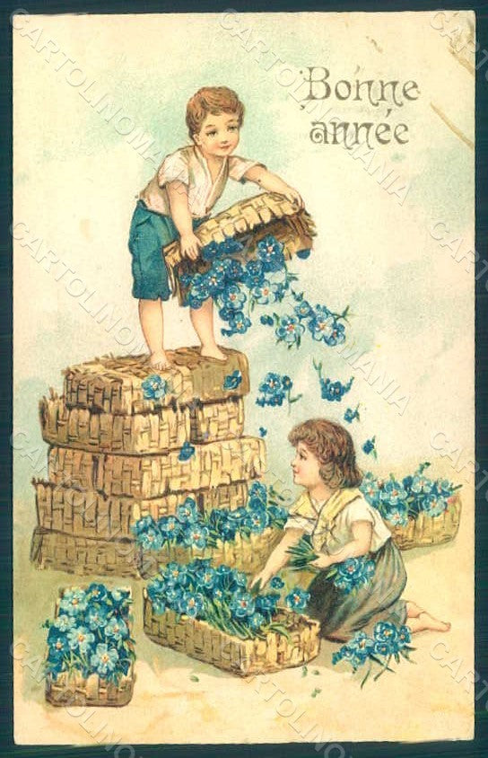 Greetings New Year Children Myosotis Relief postcard HR0625 – fronte