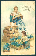Greetings New Year Children Myosotis Relief postcard HR0625 – fronte