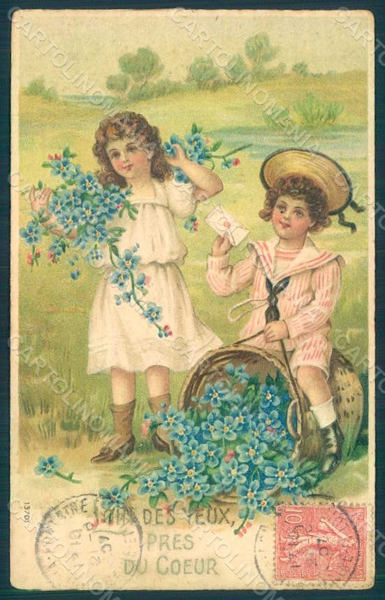 Greetings Children Child Boy Girl Myosotis s. 13701 Relief postcard HR0626 – fronte