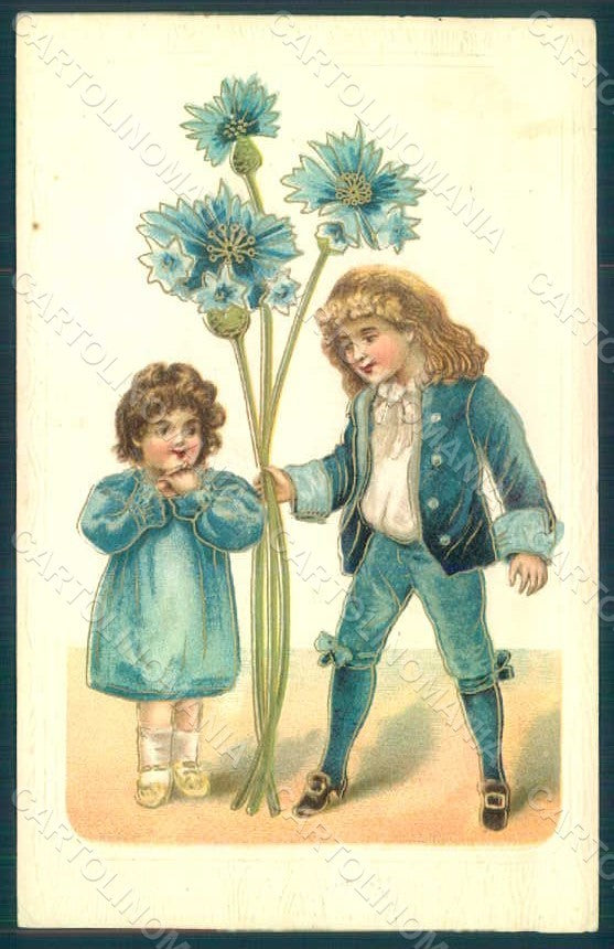 Greetings Children Boy Girl Cornflower serie 396 Relief postcard HR0628 – fronte