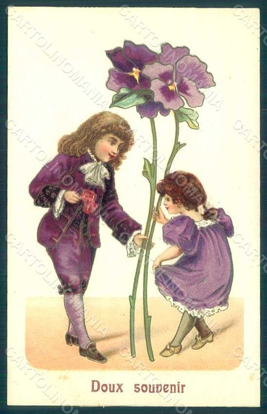 Greetings Children Boy Girl Violets serie 392 Relief postcard HR0629 – fronte