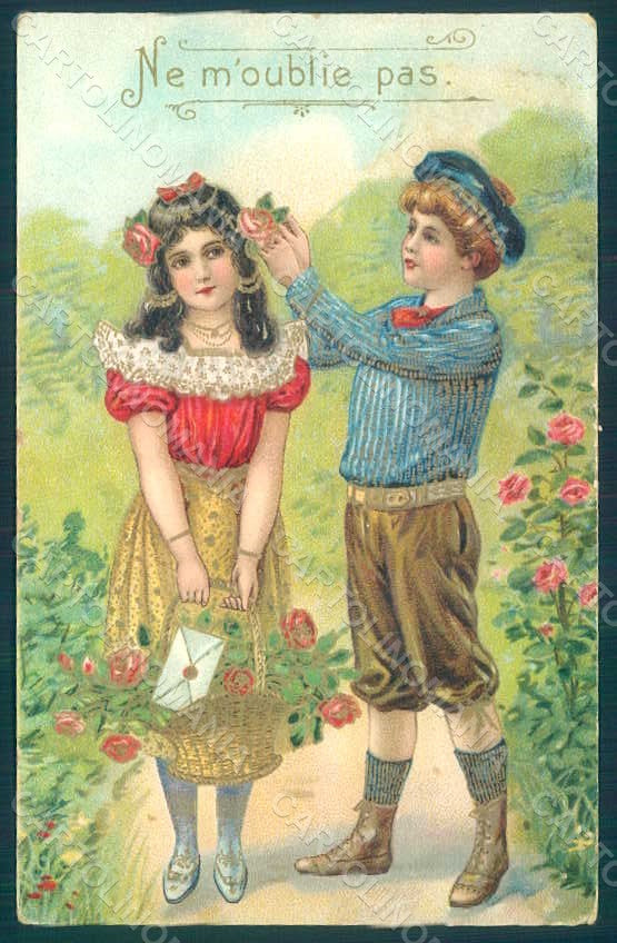 Greetings Children Child Boy Girl Roses Relief postcard HR0633 – fronte