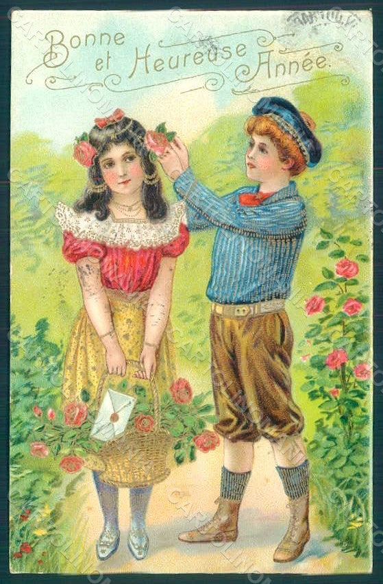 Greetings Children Child Boy Girl Roses Relief postcard HR0634 – fronte