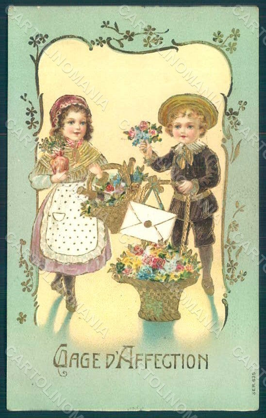 Greetings Children Child Boy Girl Flowers serie 635 Relief postcard HR0635 – fronte