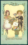 Greetings Children Child Boy Girl Flowers serie 635 Relief postcard HR0635 – fronte