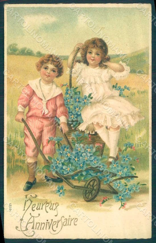 Greetings Children Child Boy Girl Myosotis s. 13701 Relief postcard HR0636 – fronte