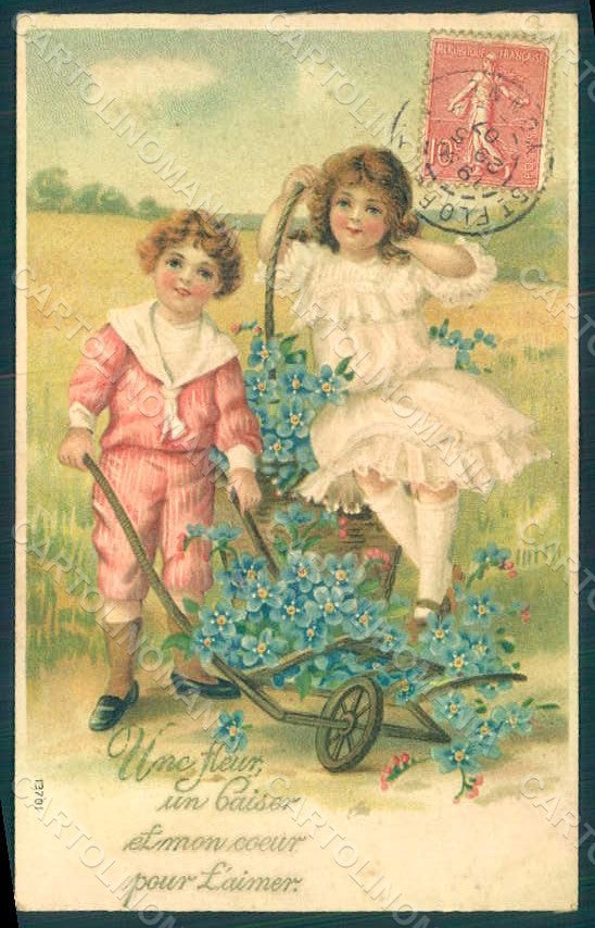 Greetings Children Child Boy Girl Myosotis s. 13701 Relief postcard HR0637 – fronte
