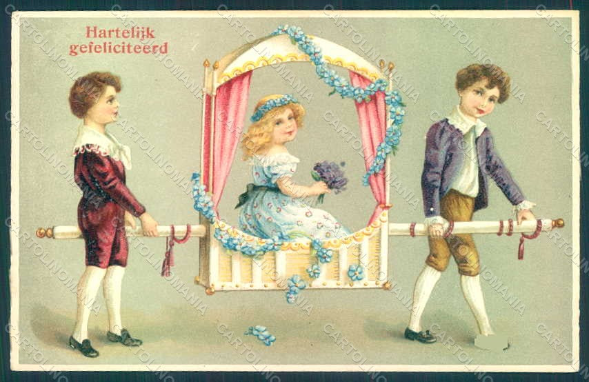 Greetings Children Child Boy Girl Myosotis HWB 8657 Relief postcard HR0640 – fronte