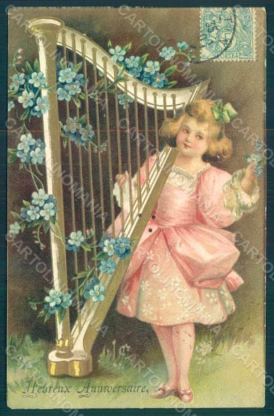 Greetings Child Girl Harp Myosotis Relief postcard HR0642 – fronte